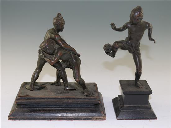 A Burmese bronze group of wrestlers and another of Chinlone player, early 20th century, 20cm & 21.5cm (7.9in. & 8.5in.)